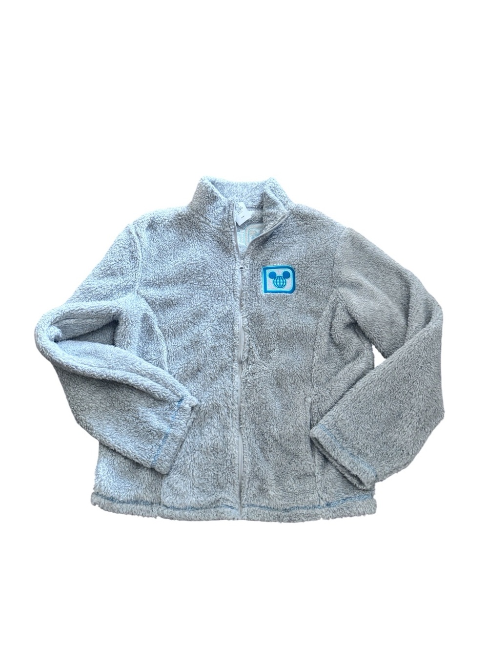 Like New Disney Light Gray Sherpa Zip-Up Jacket with Blue Mickey Patch, Size M